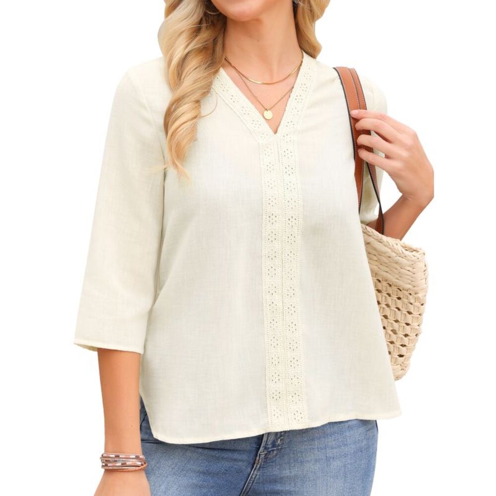 Women Casual Loose Embroidery Patchwork 3/4 Sleeve V Neck Blouse Apricot